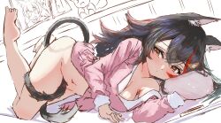 1girl bottomless character_request copyright_request covering_privates highres pajamas tagme tail tazrn1