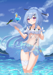 1girl :o absurdres bikini bird blue_bird blue_hair blue_sky breasts chinese_commentary commentary_request dress evil_king gluteal_fold griseo griseo_(starry_impression) griseo_(summer_as_a_painting) highres honkai_(series) honkai_impact_3rd long_hair navel ocean official_alternate_costume outdoors purple_eyes see-through_clothes see-through_dress sky small_breasts solo swimsuit very_long_hair wading white_bikini