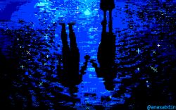 1boy 1girl anas_abdin animated animated_gif artist_name blinking_lights death flare holding_hands love_(theme) monochrome night original pixel_art puddle reflection ripples silhouette sparkle water