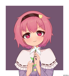 1girl :3 border buttons capelet closed_mouth commentary_request dot_nose fingernails flower frills hair_ornament hairband hands_up head_tilt heart heart_button heart_hair_ornament highres holding holding_flower komeiji_satori light_blush lily_(flower) looking_at_viewer nail_polish outside_border pink_eyes pink_hair pink_nails purple_background short_hair simple_background solo tareme touhou upper_body v-shaped_eyebrows vallneko white_border white_capelet white_flower