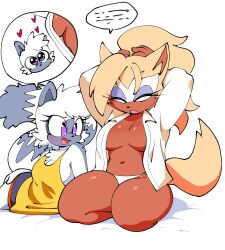 2girls arms_up breast_awe breasts eyelashes furry furry_female highres lemur_ears lemur_girl lemur_tail multiple_girls navel no_bra open_clothes open_shirt panties quaverdraws sonic_(series) sonic_the_hedgehog_(idw) stomach tail tangle_the_lemur tank_top underwear whisper_the_wolf wolf_girl wolf_tail yawning yellow_tank_top yuri