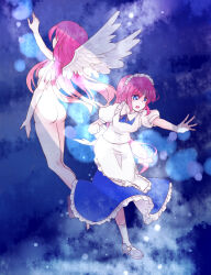 Rule 34 | 2girls, angel wings, apron, ass, bare legs, black footwear, blue dress, blue eyes, dawnglory, dress, frilled apron, frilled dress, frills, full body, highres, long hair, maid, maid apron, maid headdress, mary janes, multiple girls, nude, open mouth, outstretched arm, red hair, seihou, shoes, shuusou gyoku, socks, very long hair, vivit, vivit (erich&#039;s daughter), waist apron, white socks, wings
