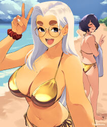2girls :d ^_^ artist_name ass bare_arms bare_legs bare_shoulders barefoot beach bikini black_hair blue_eyes blue_sky blush breasts cleavage closed_eyes cloud commentary day english_commentary feet glasses gold_bikini groin hair_over_one_eye hand_up highres holding holding_towel june_(squeezable) large_breasts long_hair looking_at_viewer mole mole_on_breast mole_under_eye multiple_girls navel open_mouth original outdoors purple_hair red_scrunchie round_eyewear sand scrunchie selfie short_hair side-tie_bikini_bottom sky smile squeezable_(squeezabledraws) stomach swimsuit thick_eyebrows towel v violet_(squeezable) water white_hair wrist_scrunchie