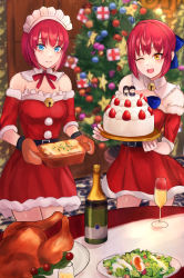 2girls absurdres alternate_costume bare_shoulders bell belt belt_buckle black_belt blue_bow blue_eyes bow buckle cake champagne_bottle champagne_flute character_doll christmas christmas_ornaments christmas_tree closed_mouth commentary_request cup detached_collar detached_sleeves doll dress drinking_glass food fur-trimmed_dress fur-trimmed_sleeves fur_trim hair_between_eyes hair_bow half_updo highres hisui_(tsukihime) indoors jingle_bell klash kohaku_(tsukihime) looking_at_viewer maid maid_headdress mittens multiple_girls neck_bell neck_ribbon one_eye_closed open_mouth plate red_dress red_hair red_ribbon red_sleeves ribbon salad short_hair siblings sisters smile strapless strapless_dress table tohno_akiha tohno_shiki tongue tsukihime tsukihime_(remake) turkey_(food) twins yellow_eyes