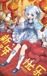 1girl 2024 bamboo_steamer steamed_bun black_ribbon blue_dress blue_eyes blush bow_legwear china_dress chinese_clothes chinese_commentary commentary_request creature cup double_bun dress eating food hair_bun hair_ornament hair_ribbon happy_new_year highres holding holding_food komota_(kanyou_shoujo) lantern long_sleeves lucette_(komota_(kanyou_shoujo)) mary_janes new_year open_mouth partial_commentary pom_pom_(clothes) pom_pom_hair_ornament puffy_long_sleeves puffy_sleeves ribbon saucer shoes sidelocks sitting socks solo tassel teacup tentacles white_hair white_socks