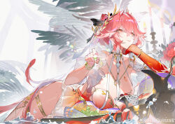 1girl absurdres bare_shoulders bikini black_bow body_markings bow braid breasts bright_pupils changli_(laurel_nymph)_(wuthering_waves) changli_(wuthering_waves) chinese_commentary closed_mouth colored_extremities commentary_request dress feather_hair gem groin hair_bow hair_extensions head_wreath highres holding holding_gem large_breasts long_hair looking_at_viewer lying multicolored_hair official_alternate_costume on_stomach orange_eyes pink_hair red_dress red_hands ring_hair_extensions smile solo swimsuit thighs twin_braids two-tone_hair very_long_hair white_bikini white_hair white_pupils wuthering_waves yushe_quetzalli