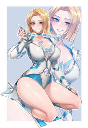 1girl absurdres blonde_hair blue_eyes blue_lips blue_nails blush boots border breasts choker cleavage collarbone commentary commission diamond_(gemstone) dogs_(dlrkdejr26) earrings emma_frost full_body grey_leotard hair_intakes hand_up high_heel_boots high_heels highres jewelry large_breasts leotard long_sleeves looking_at_viewer marvel marvel_rivals nail_polish outside_border parted_lips seiza short_hair sitting solo thighs three_quarter_view white_border x-men