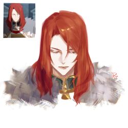 1boy closed_eyes cropped_shoulders fate/grand_order fate_(series) fur_trim highres long_hair male_focus pppeipeipipi red_hair screenshot_inset simple_background solo tristan_(fate) white_background