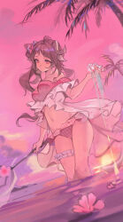 1girl absurdres ahoge animal_ears arknights bikini brown_hair commentary english_commentary eyjafjalla_(arknights) eyjafjalla_(summer_flower)_(arknights) flower highres holding holding_staff horns long_hair looking_at_viewer midriff navel nianbingzi off-shoulder_bikini off_shoulder official_alternate_costume palm_tree pink_bikini pink_eyes pink_flower pink_sky pink_theme sheep_ears sheep_girl sheep_horns shirt sky solo staff sunset swimsuit swimsuit_cover-up thigh_strap tree wading