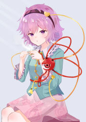 1girl :o absurdres blouse blowing_steam blue_shirt blush breasts buttons cup eyeball feet_out_of_frame fingernails floral_print frilled_shirt_collar frills grey_background hair_between_eyes hair_ornament hairband hands_up heart heart_button heart_hair_ornament highres holding holding_cup komeiji_satori looking_at_viewer looking_down messy_hair pink_hair pink_skirt purple_eyes shirt short_hair simple_background sitting skirt small_breasts solo steam teacup third_eye three-quarter_sleeves tosamiubi touhou