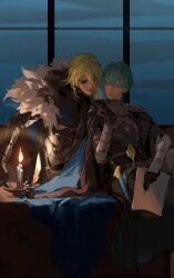 2boys arm_up armor armored_gloves black_armor black_cape black_fur black_gloves black_pants blonde_hair blue_cape blue_eyes male_byleth_(fire_emblem) candle cape closed_mouth cloud cloudy_sky couple cropped_legs dagger desk dimitri_alexandre_blaiddyd dimitri_alexandre_blaiddyd_(timeskip) eyepatch fire_emblem fire_emblem:_three_houses fur_trim gloves green_eyes green_hair highres holding holding_paper inkwell knife leaning_back leaning_forward looking_at_another male_focus multiple_boys night nintendo one_eye_covered pants paper papers parted_lips quill scabbard sheath sitting sky weapon white_fur window yaoi zn_(loliconzn)