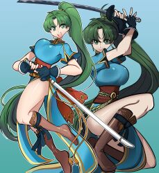 Rule 34 | 1girl, absurdres, ass peek, black gloves, blue background, blue dress, boots, brown boots, dress, fingerless gloves, fire emblem, fire emblem: the blazing blade, gloves, green eyes, green hair, high ponytail, highres, holding, holding sword, holding weapon, long hair, lyn (fire emblem), missandydandy, multiple views, nintendo, open mouth, ponytail, simple background, smile, sword, weapon