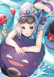 1girl afloat ass bare_shoulders bikini blue_eyes blush bottle butt_crack commentary_request e-co fang fangs from_above gen_1_pokemon gen_5_pokemon glint gym_leader hair_bobbles hair_ornament holding holding_bottle koffing looking_at_viewer lying midriff nintendo on_stomach open_mouth partially_submerged pokemon pokemon_(creature) pokemon_bw2 purple_bikini roxie_(pokemon) short_hair sidelocks snorkel striped_bikini striped_clothes swimsuit tentacool topknot venipede water white_hair