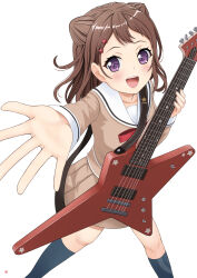 1girl absurdres bang_dream! brown_dress brown_hair brown_shoes commentary_request cone_hair_bun dress electric_guitar guitar guitar_strap hair_bun hair_ornament hanasakigawa_school_uniform highres holding holding_guitar holding_instrument instrument kneehighs long_hair long_sleeves nao_suke open_mouth outstretched_arm purple_eyes red_ribbon ribbon sailor_collar sailor_dress school_uniform shoes simple_background socks solo star_(symbol) star_hair_ornament teeth toyama_kasumi upper_teeth_only white_background white_sailor_collar