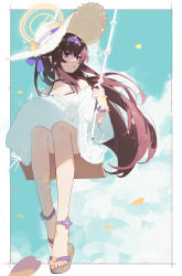 1girl absurdres bare_shoulders bilibalakonglijiwa black_choker blue_archive blue_eyes blush breasts brown_halo choker cleavage dress falling_petals hairband halo hat highres long_hair long_sleeves on_swing petals purple_hairband sandals solo straw_hat swing ui_(blue_archive) white_dress