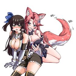2girls after_fingering animal_ears behind_another blue_eyes blush bow brown_hair ceri_(sakura_dungeon) commission commissioner_upload cottonswab336 embarrassed fingering fox_ears fox_tail green_eyes hair_bow japanese_clothes kimono multiple_girls non-web_source pink_hair pussy_juice sakura_dungeon sweat tail yomi_(sakura_dungeon) yuri