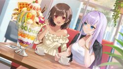 2girls :d alexandra_viktorovna_dashkova_(tukikagerou) bare_shoulders black_jacket blazer blue_eyes blush brown_hair closed_mouth commentary commentary_request crop_top cup dark-skinned_female dark_skin english_commentary food frilled_shirt frills fruit highres holding holding_cup indoors jacket long_hair melon melon_slice multiple_girls nima_(niru54) open_clothes open_jacket open_mouth original parfait plate pocky purple_hair red_eyes second-party_source sharifah_ozdil_(tukikagerou) shirt short_hair sitting smile strawberry teacup waffle yellow_shirt