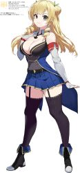 1girl assault_lily bare_shoulders belt blonde_hair blush breasts character_name character_profile cleavage closed_mouth detached_sleeves double_bun drill_hair drill_sidelocks full_body gloves hair_bun hair_ribbon highres long_hair looking_at_viewer nauribon necktie odaiba_girls_high_school_uniform pleated_skirt ribbon saigou_kurena school_uniform shirt short_necktie sidelocks simple_background skirt sleeveless smile thighhighs white_background