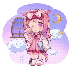 Rule 34 | 1girl, ;o, animal ears, animal slippers, bare shoulders, bow, chibi, cloud, dress, full body, haru urara (umamusume), highres, holding, holding pillow, horse ears, horse girl, horse tail, long hair, long sleeves, moko39 takasora, moon, night, night sky, one eye closed, pajamas, pillow, pink bow, pink dress, pink eyes, pink hair, pink pajamas, pink tail, ponytail, sky, sleepwear, sleepy, slippers, solo, star (symbol), tail, umamusume, window