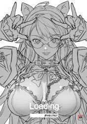 Rule 34 | 1girl, \m/, absurdres, animal collar, animal ears, artist logo, blue collar, breasts, cat ears, cleavage, cleavage cutout, clothing cutout, collar, commentary request, dress, fake animal ears, freezing (series), glasses, hairband, highres, juliet sleeves, lace, lace-trimmed shirt, lace trim, large breasts, logo, long hair, long sleeves, looking at viewer, monochrome, moonzero (cdggam), progress bar, puffy long sleeves, puffy sleeves, satellizer el bridget, semi-rimless eyewear, shirt, sketch, sleeves past wrists, smile, solo, translation request, very long hair, white background