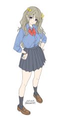 1girl absurdres black_socks blue_shirt blue_skirt blush bow breasts closed_mouth grey_hair hair_bow hair_ornament highres long_hair long_sleeves looking_at_viewer medium_breasts original pleated_skirt purple_eyes red_bow school_uniform shirt shoes simple_background skirt smile socks solo unasaka_ryou white_background yellow_bow