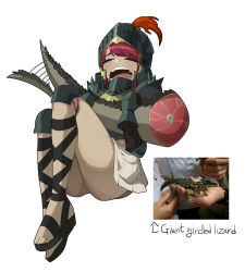 1girl absurdres armor bad_id bad_pixiv_id black_sandals closed_eyes cross-laced_footwear crying dark-skinned_female dark_skin full_body gauntlets gladiator_sandals gomulgong helmet highres holding holding_tail knee_pads knees_up knight lizard_tail open_mouth original pauldrons personification photo_inset pleated_skirt red_hair reference_inset reptile reptile_girl sandals scar scar_on_leg severed_tail short_hair shoulder_armor simple_background sitting skirt solo tail tears white_background white_skirt