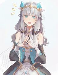 Rule 34 | 1girl, :d, bare shoulders, beatrice (rune factory), blue eyes, bridal gauntlets, cowboy shot, detached sleeves, dress, grey hair, highres, long hair, looking at viewer, open mouth, princess, ragu piyopiyo, rune factory, rune factory 5, smile, solo, steepled fingers, tiara, white hair