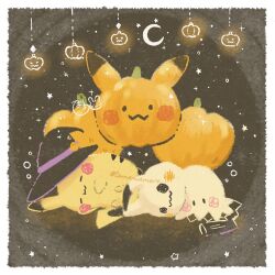 animal_focus closed_eyes closed_mouth creatures_(company) crescent game_freak gen_1_pokemon gen_7_pokemon halloween hat highres lying mimikyu moon nintendo pikachu pokemon pokemon_(creature) pumpkin smile tail temariame14 wavy_mouth witch_hat