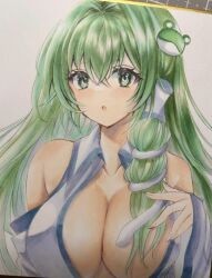 1girl 2424yume :o bare_shoulders breasts cleavage detached_sleeves frog frog_hair_ornament green_eyes green_hair hair_ornament hair_tubes highres kochiya_sanae large_breasts looking_at_viewer simple_background single_hair_tube snake snake_hair_ornament solo touhou white_background