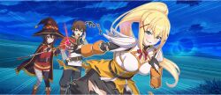 Rule 34 | 1boy, 2girls, armor, belt, black belt, black cape, black gloves, black hat, black pants, blonde hair, blue eyes, blush, boots, breastplate, brown boots, brown hair, calling, cape, casting spell, cloud, darkness (konosuba), dress, emphasis lines, field, fingerless gloves, game cg, gloves, glowing, green cape, green eyes, hand on own hip, hand up, hat, high ponytail, highres, holding, holding staff, knees together feet apart, kono subarashii sekai ni shukufuku wo!, konosuba! fantastic days, lens flare, long hair, megumin, multiple girls, night, night sky, official art, open mouth, orb, pants, ponytail, red dress, red eyes, satou kazuma, shirt, short hair with long locks, sidelocks, sky, small sweatdrop, smile, staff, star (sky), starry sky, third-party source, torn clothes, very long hair, white shirt, wide brim, witch hat