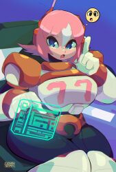 1girl absurdres armor black_bodysuit blue_background blue_eyes bodysuit breasts cowboy_shot highres holographic_interface large_breasts mega_man_(series) mega_man_x:_command_mission mega_man_x_(series) multicolored_hair nana_(mega_man_x:_command_mission) number_pun pink_hair saturnserkel short_hair simple_background sitting smiley_face solo streaked_hair two-tone_hair white_armor white_hair