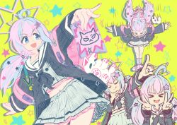 &gt;_&lt; 02milos02 1girl :d :q absurdres ahoge black_jacket blue_archive blue_eyes blue_hair buttons closed_eyes closed_mouth commentary cowboy_shot double-breasted double_v drop_shadow facing_viewer green_background grey_serafuku grey_shirt grey_skirt hair_ornament halo happy highres holding holding_paper jacket long_hair low_twintails midriff motion_lines multicolored_hair multiple_views open_clothes open_jacket open_mouth outstretched_arms paper pink_hair pink_halo reisa_(blue_archive) sailor_collar school_uniform serafuku shirt simple_background skirt smile star_(symbol) star_hair_ornament star_halo streaked_hair tareme tongue tongue_out twintails two-tone_hair upper_body v v-shaped_eyebrows white_sailor_collar