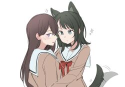 2girls animal_ears bang_dream! bang_dream!_it&#039;s_mygo!!!!! black_hair blue_eyes blush bow bowtie brown_dress brown_hair closed_mouth dress hanasakigawa_school_uniform highres hug jenjen kemonomimi_mode long_hair long_sleeves medium_hair multiple_girls open_mouth purple_eyes red_bow red_bowtie sailor_dress school_uniform shiina_taki sparkle tail tail_wagging wolf_ears wolf_girl wolf_tail yahata_umiri yuri