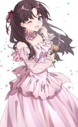 Rule 34 | 1girl, black hair, blue eyes, blush, commentary request, confetti, dress, fate/stay night, fate (series), floating hair, flower, formal clothes, hair ribbon, highres, holding, holding flower, long hair, looking at viewer, official alternate costume, one eye closed, orange flower, pink dress, red ribbon, ribbon, simple background, smile, solo, tanka kikurage, tohsaka rin, white background