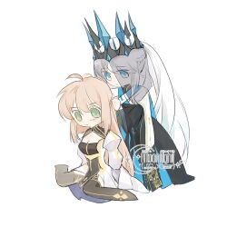 2girls absurdres artoria_caster_(fate) artoria_pendragon_(fate) black_dress blonde_hair blue_eyes braid crown dress fate/grand_order fate_(series) green_eyes green_hair hair_between_eyes half_up_braid highres long_hair morgan_le_fay_(fate) morgan_le_fay_(queen_of_winter)_(fate) multiple_girls ponytail sakuranull simple_background veil white_hair