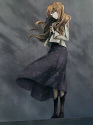 1girl absurdres black_shirt blonde_hair boots brown_boots brown_sky cellphone clothes_lift cloud cloudy_sky collarbone flip_phone floating_clothes floating_hair frown game_cg glasses highres holding holding_phone huke jacket kiryuu_moeka leather leather_boots long_hair long_skirt looking_at_phone non-web_source office_lady official_alternate_costume official_art on_rooftop opaque_glasses phone purple_skirt serious shiny_lips shirt skirt skirt_lift sky solo standing steins;gate steins;gate:_linear_bounded_phenogram white_jacket wind wind_lift