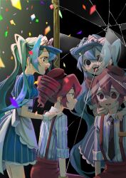 2girls alternate_costume aqua_hair black_background black_eyes black_necktie blue_hair blue_hat bow broken_mirror collared_shirt confetti diagonal-striped_bow different_reflection dress drill_hair from_side hair_between_eyes hand_on_another&#039;s_shoulder hashtag-only_commentary hat hat_bow hatsune_miku highres kasane_teto kepi looking_at_mirror mesmerizer_(vocaloid) military_hat mirror multiple_girls necktie oikwhite pants pinstripe_dress pinstripe_pattern red_hat red_pants reflection sharp_teeth shirt short_sleeves sitting sleeves_rolled_up solid_circle_eyes standing star-shaped_pupils star_(symbol) suspenders symbol-shaped_pupils teeth tongue tongue_out twin_drills upper_teeth_only utau vocaloid white_bow white_wrist_cuffs wing_collar wrist_cuffs