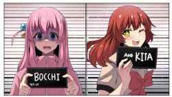 2girls ;d absurdres barbie_(franchise) barbie_(live_action) barbie_mugshot_(meme) blue_eyes bocchi_the_rock! character_name commentary cube_hair_ornament english_commentary gotoh_hitori green_eyes hair_ornament height_chart height_mark highres hinghoi holding holding_sign jacket kita_ikuyo long_hair meme mugshot multiple_girls one_eye_closed open_mouth parody pink_hair pink_jacket red_hair scared school_uniform shuka_high_school_uniform sign smile sparkle track_jacket