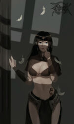 1girl bikini bikini_top_only black_hair black_skirt blue_eyes breasts brown_bikini brown_capelet capelet circlet cleavage closed_mouth commentary_request cowboy_shot feathers jamsujung korean_commentary large_breasts lips long_hair looking_at_viewer mage_(ragnarok_online) midriff midriff_tattoo navel pelvic_curtain ragnarok_online showgirl_skirt skirt solo swimsuit