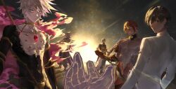 Rule 34 | 1other, 5boys, absurdres, arjuna (fate), armor, ashwatthama (fate), bhima (fate), black eyes, black hair, blue eyes, chest jewel, collar, commission, dark-skinned male, dark skin, duryodhana (fate), eyeshadow, eyeshadow under eye, facial hair, fate/grand order, fate (series), goatee, hair between eyes, highres, holding, holding weapon, indian clothes, karna (fate), long hair, looking at viewer, makeup, male focus, multiple boys, muscular, muscular male, open mouth, pale skin, potato goril, red eyeshadow, red hair, sash, short hair, smile, spiked collar, spikes, topless male, weapon, white hair, yellow eyes