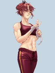 1girl abs artist_request bandaged_hand bandages blue_background girls_of_the_wild&#039;s highres lee_moon_young midriff navel pants red_eyes red_hair red_pants simple_background solo tagme twitter_username