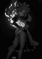1girl absurdres apron artist_logo artist_name ass black_background bloody_marie_(skullgirls) blush_stickers breasts cerealxs colored_fire covered_erect_nipples feet_out_of_frame female_focus fire from_behind hair_ornament highres kneepits logo looking_at_viewer looking_back maid maid_apron maid_headdress medium_hair monochrome nipples panties ribs simple_background skull_hair_ornament skullgirls small_breasts solo standing thighs underwear white_fire