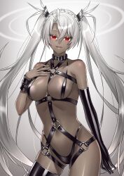 1girl absurdres alternate_costume alternate_hair_color armpits bare_shoulders bradamante_(fate) braid breasts cleavage commentary_request corruption crown_braid dark_persona dark_skin elbow_gloves fate/grand_order fate_(series) gloves hair_between_eyes harness highres lips long_hair looking_at_viewer medium_breasts navel ohana_34v open_mouth red_eyes single_elbow_glove smile thigh_strap thong twintails very_long_hair white_hair