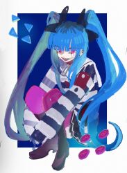 1girl amemiya_darumi black_boots black_bow black_hair blue_background blue_hair boots border bow collar ear_piercing heart long_sleeves looking_at_viewer on_floor open_mouth piercing pink_eyes pink_thighhighs pleated_skirt red_collar safety_pin shirt skirt solo striped_clothes striped_shirt the_hundred_line_-last_defense_academy- thighhighs twintails white_border