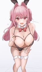 1girl absurdres animal_ears bent_over bikini black_bikini blush bow bowtie breasts detached_collar fake_animal_ears highres large_breasts leotard long_hair looking_at_viewer miton-chan_(miton_(turuyasann)) ogura_toast open_mouth original pink_eyes pink_hair playboy_bunny rabbit_ears red_bow red_eyes standing swimsuit tearing_up tears v-shaped_eyebrows