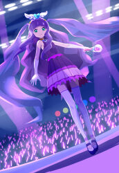 1girl 32zzz absurdly_long_hair alternate_costume bare_shoulders choker closed_mouth crowd cure_majesty dress dutch_angle elbow_gloves ellee-chan floating_hair frilled_thigh_strap frilled_thighhighs frills gloves glowstick green_eyes hair_ornament heart heart_hair_ornament highres hirogaru_sky!_precure holding holding_glowstick holding_wand idol long_hair orange_choker pleated_skirt precure purple_dress purple_hair purple_skirt purple_theme revision short_dress sidelocks skirt sleeveless sleeveless_dress smile stage stage_lights standing star_(symbol) star_hair_ornament thigh_strap thighhighs two_side_up very_long_hair wand white_gloves white_thighhighs wing_hair_ornament