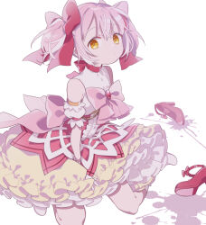 1girl ankle_ribbon ankle_strap arched_bangs arm_support armlet ayumaru_(art_of_life) back_bow bare_shoulders between_legs bow brooch bubble_skirt buttons center_frills choker closed_mouth detached_sleeves dot_nose expressionless flat_chest frilled_skirt frilled_sleeves frills full_body gloves gold_armlet hair_between_eyes hair_ribbon hand_between_legs head_back high_heels jewelry kaname_madoka kaname_madoka_(magical_girl) leg_ribbon looking_at_viewer mahou_shoujo_madoka_magica mahou_shoujo_madoka_magica:_walpurgis_no_kaiten mahou_shoujo_madoka_magica_(anime) no_shoes on_floor paint_splatter petticoat pink_bow pink_hair puffy_short_sleeves puffy_sleeves pumps red_brooch red_choker red_shoes ribbon ribbon_choker shoes short_sleeves short_twintails sidelocks simple_background sitting skirt sleeveless socks solo tareme twintails underbust unworn_shoes wariza white_background white_gloves white_socks wispy_bangs yellow_eyes yellow_skirt