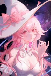 1girl absurdres armband breasts cleavage commission detached_collar flower gem hand_up hat hat_flower heichanart highres leotard long_hair looking_at_viewer medium_breasts neck_ribbon original parted_lips pink_eyes pink_flower pink_hair red_gemstone ribbon ribbon-trimmed_hat solo space_print starry_sky_print upper_body watermark wavy_hair white_armband white_hat white_leotard witch_hat