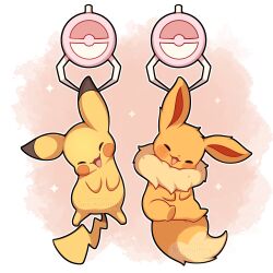 Rule 34 | absurdres, blush, closed eyes, crane game, eevee, gen 1 pokemon, happy, highres, nintendo, no humans, open mouth, pikachu, pokemon, pokemon (creature), sevi (seviyummy), signature, smile