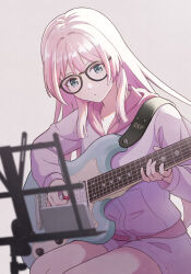 1girl bang_dream! bang_dream!_it&#039;s_mygo!!!!! cellphone chihaya_anon closed_mouth commentary_request detached_sleeves glasses grey_eyes guitar_strap highres holding holding_plectrum instrument jacket light_particles long_hair music music_stand novi_visual phone pink_hair pink_jacket pink_shorts playing_guitar playing_instrument plectrum short_sleeves shorts simple_background smartphone solo white_background